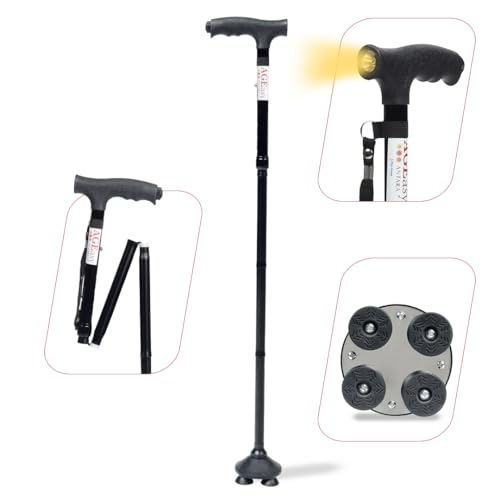 AGEasy Foldable Walking Stick with 360-Degree Pivoting Quad Base | Adjustable Height, Lightweight Aluminium | Built-in LED Torch, Comfortable Cushion Handle for Old Age Men & Women (Black)